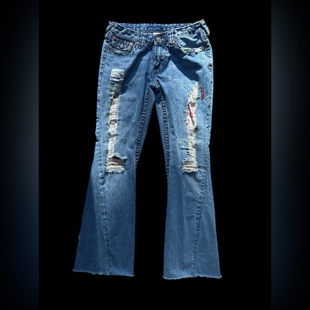 VIntage True Religion woodstock Blue Distressed Flare Jeans 29x29 patchwork